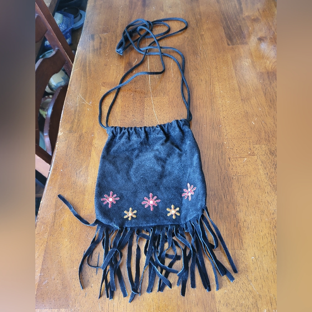 Embroidered Black Suede Fringe Crossbody Bag